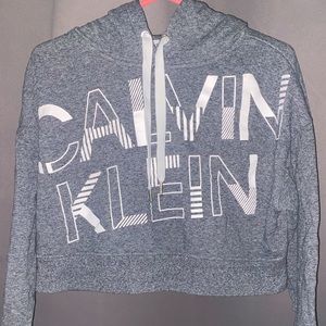 A grey Calvin-Klein sweatshirt, slightly cropped. Size small.